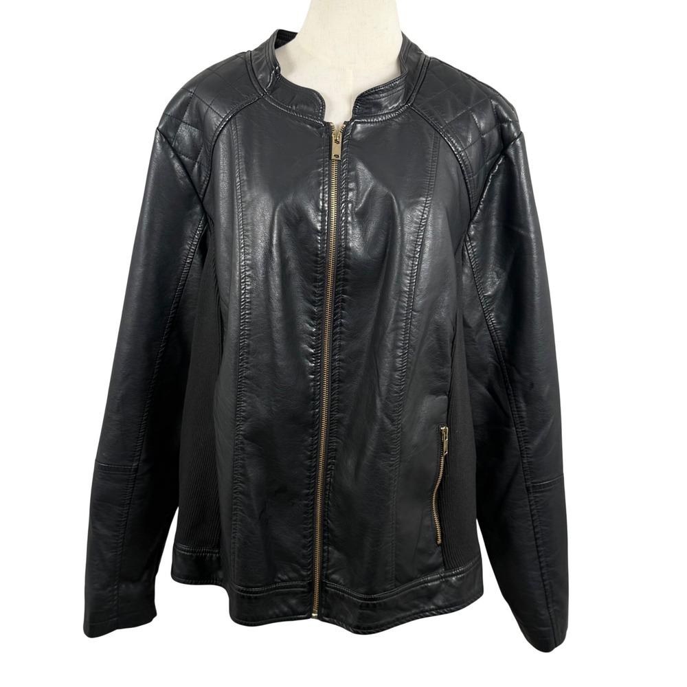Avenue Womens 26/28 Faux Leather Moto Jacket Black Quilted Zip Biker Core Chic